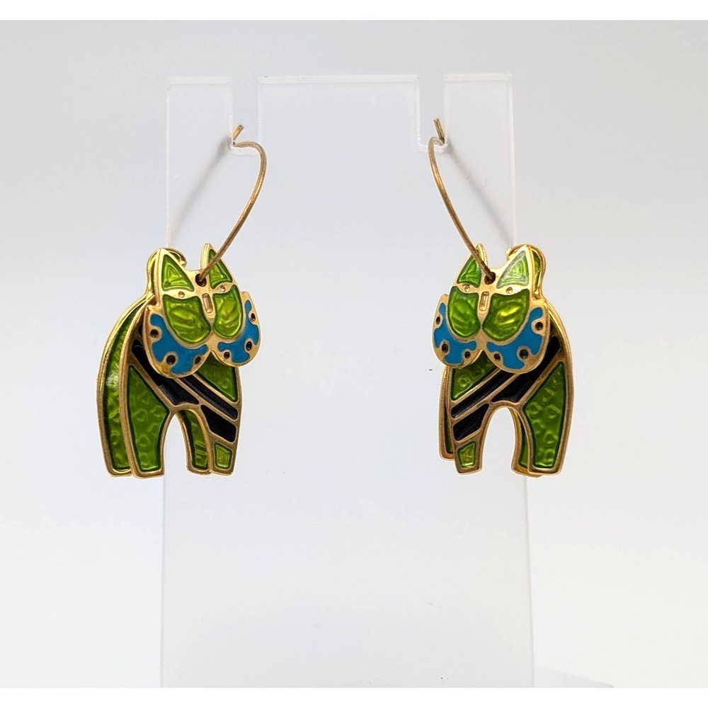 VTG Edgar‎ Berebi Cats Earrings Articulated Kitty Green Gold Tone Dangle Hoop